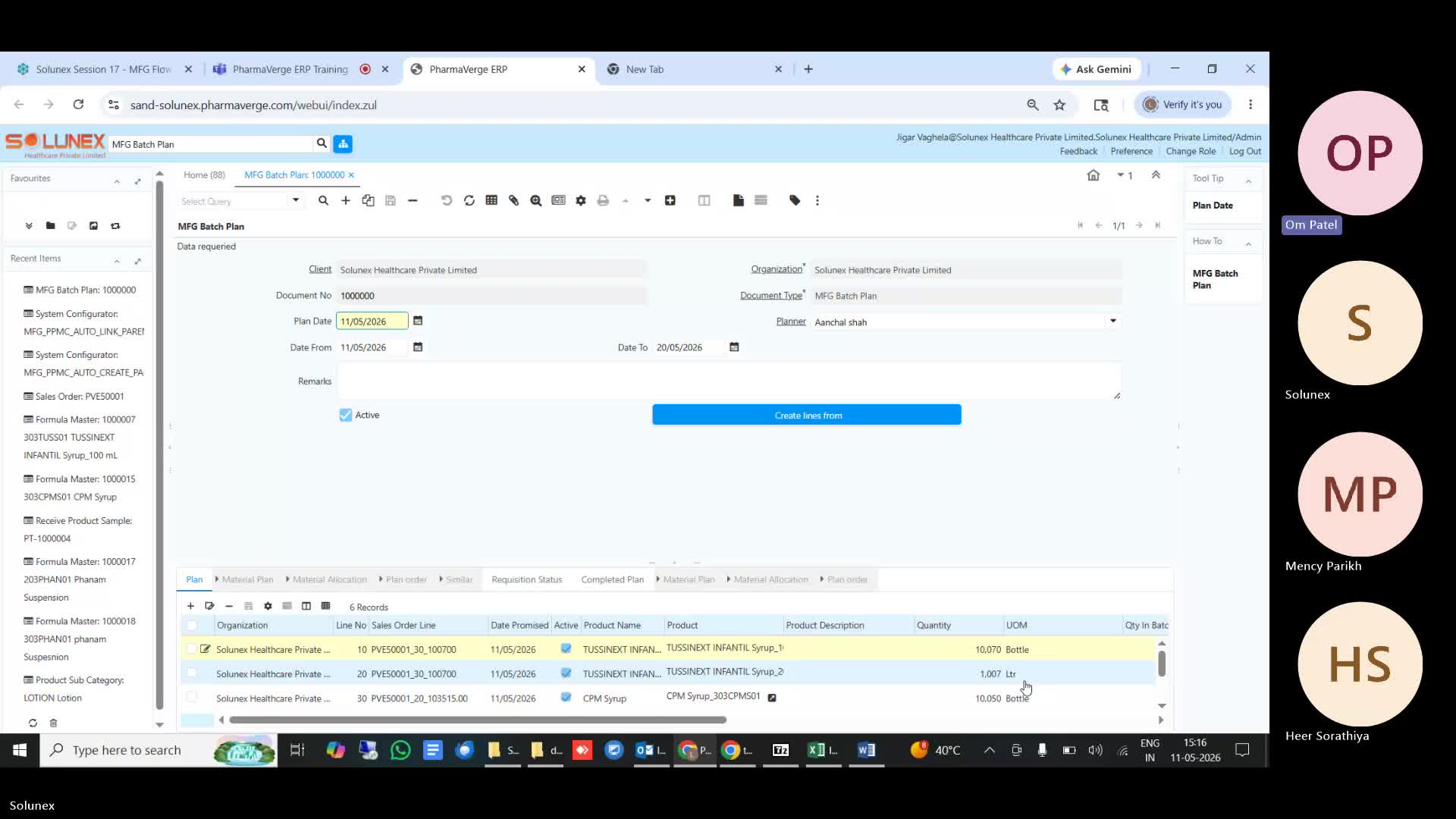 Solunex Session 18 - MFG Batch Plan & Sales Invoice